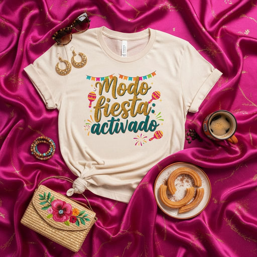 Modo Fiesta Activado T-Shirt | Spanish Party Mode Activated Shirt | Cinco de Mayo, Fiestas, Birthday Celebration Tee | Unisex Adult and Youth Apparel for Men and Women | Colorful Design with Maracas and Banners Mexicada