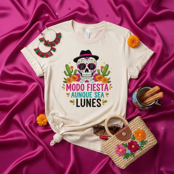Modo Fiesta Aunque Sea Lunes Sugar Skull T-Shirt, Day of the Dead Shirt, Funny Cinco de Mayo Shirt, Dia de Muertos Gift, Unisex Calavera Tee with Sombrero and Cactus Mexicada