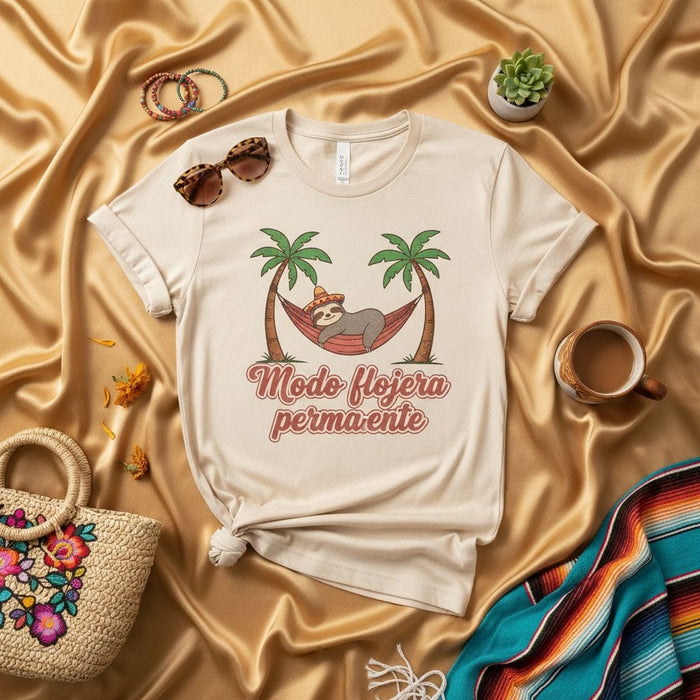 Modo Flojera Permanente T-Shirt: Sloth on Hammock with Palm Trees, Spanish Funny Vacation Tee, Unisex Beige Graphic Shirt for Lazy Days Mexicada