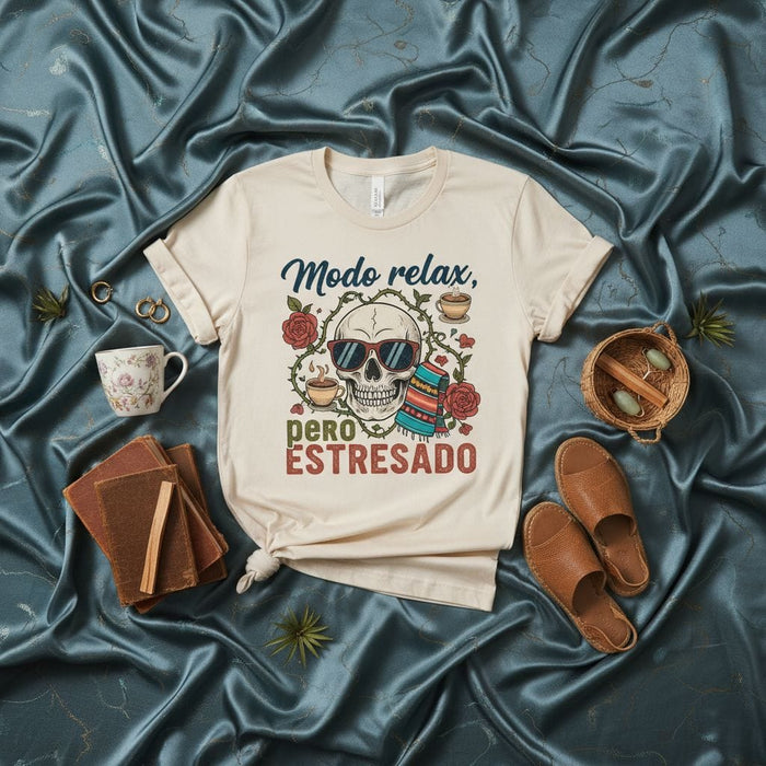 Modo relax, pero estresado Calavera with Sunglasses, Roses, and Coffee T-Shirt, Unisex Skull Graphic Tee, Funny Spanish Phrase Stress Relief Shirt Gift Idea Mexicada