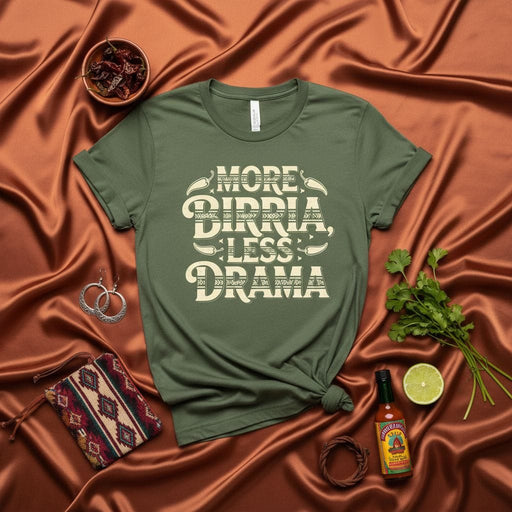 More Birria Less Drama T-Shirt Funny Taco Birria de Res Foodie Tee Shirt Mexican Cuisine Lover Gift Unisex Short Sleeve Shirt with Chili Peppers and Tacos Graphic Mexicada