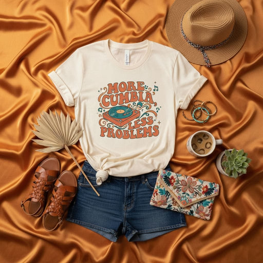 More Cumbia Less Problems Shirt, Retro 70s Cumbia Music Tee, Vintage Turntable Graphic T-Shirt, Latin Music Lover Gift, Unisex Summer Concert Festival Top, Short Sleeve Vacation Clothing Mexicada