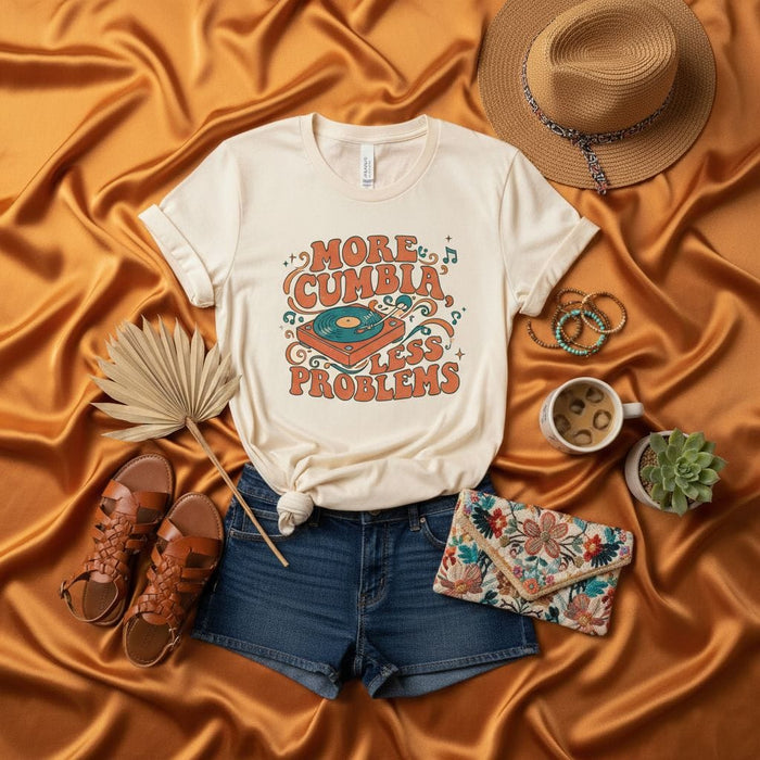 More Cumbia Less Problems Shirt, Retro 70s Cumbia Music Tee, Vintage Turntable Graphic T-Shirt, Latin Music Lover Gift, Unisex Summer Concert Festival Top, Short Sleeve Vacation Clothing Mexicada