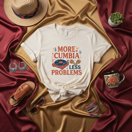 More Cumbia Less Problems T-Shirt, Cumbia Music Latin Dance Tee, Retro Turntable Maracas Shirt, Funny Cumbia Lover Gift, Spanish Saying Shirt, Unisex Graphic Tee for DJ Dancers and Festival Goers Mexicada