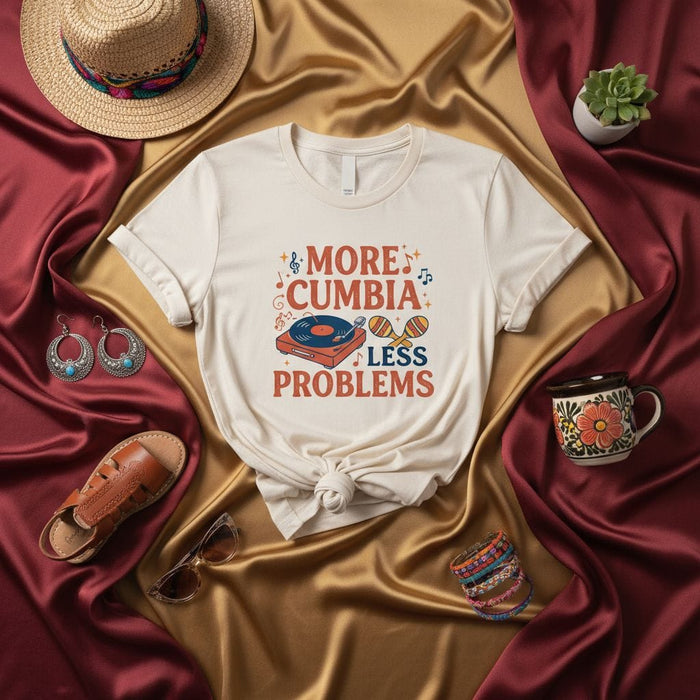 More Cumbia Less Problems T-Shirt, Cumbia Music Latin Dance Tee, Retro Turntable Maracas Shirt, Funny Cumbia Lover Gift, Spanish Saying Shirt, Unisex Graphic Tee for DJ Dancers and Festival Goers Mexicada