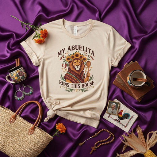 My Abuelita Runs This House Lion Sunflower Chili T-Shirt, Funny Hispanic Grandma Tee, Abuela Gift, Cute Latina Family Shirt, Cultural Kitchen Apparel Mexicada
