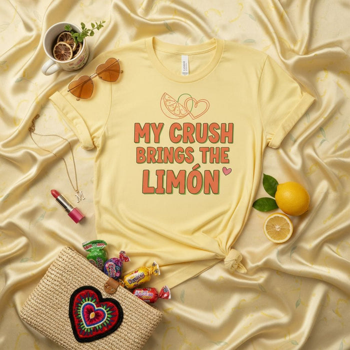 My Crush Brings The Limón T-Shirt, Funny Love Quote Tee, Yellow Unisex Shirt with Spanish Wordplay, Citrus Fruit Graphic Heart Design, Flirty Romantic Gift Idea for Partner Mexicada