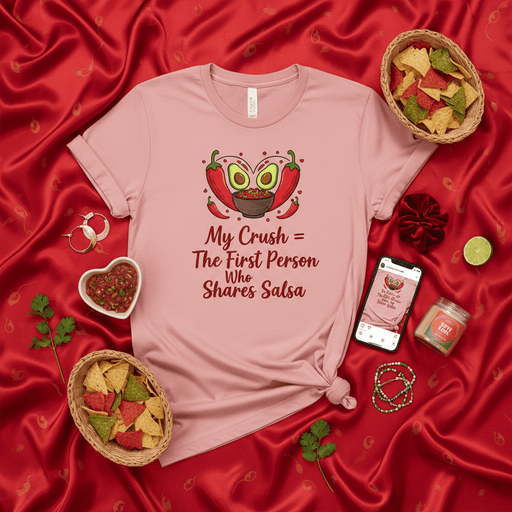My Crush = The First Person Who Shares Salsa T-Shirt, Funny Valentine's Day Shirt, Avocado Chili Heart, Mexican Food Lover Gift, Nachos Chips Dip Tee, Cute Graphic Shirt, Humorous Foodie Apparel Mexicada