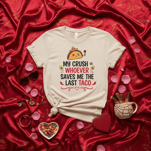 My Crush = Whoever Saves Me The Last Taco Funny Valentine's Day Shirt, Cute Taco Love Pun Tee, Food Lover Gift, Unisex Graphic T-Shirt for Taco Tuesday or Date Night Mexicada