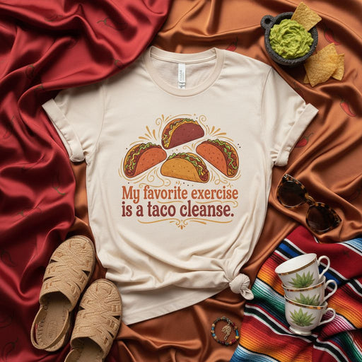 My favorite exercise is a taco cleanse. Funny Taco Lover Graphic Tee Shirt, Mexican Food Humor T-Shirt, Fiesta Shirt, Cinco de Mayo Apparel, Casual Summer T-Shirt Gift Idea Mexicada