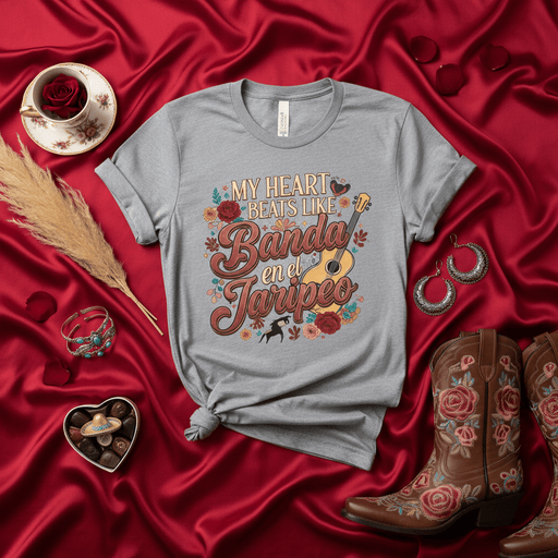 My Heart Beats Like Banda en el Jaripeo T-Shirt, Mexican Rodeo Concert Tee, Western Boots Guitar Flowers Shirt, Hispanic Music Festival Outfit, Unisex Mexicada