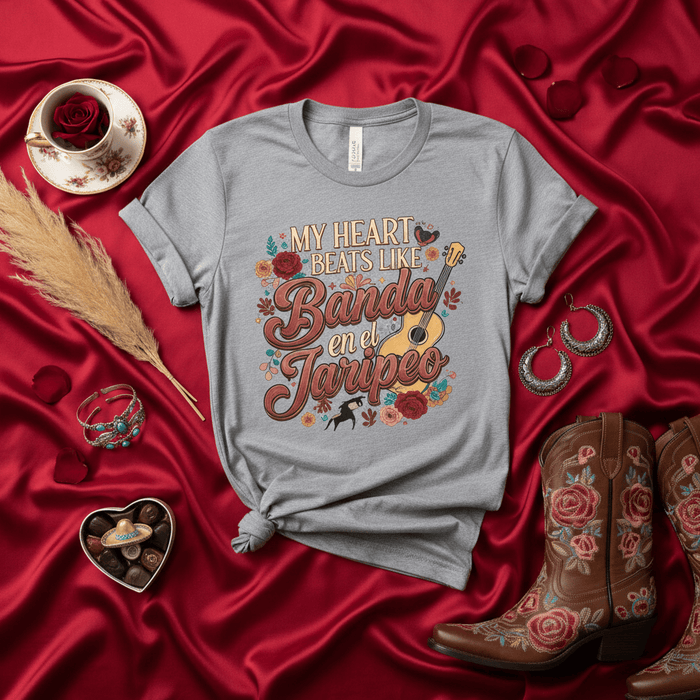 My Heart Beats Like Banda en el Jaripeo T-Shirt, Mexican Rodeo Concert Tee, Western Boots Guitar Flowers Shirt, Hispanic Music Festival Outfit, Unisex Mexicada