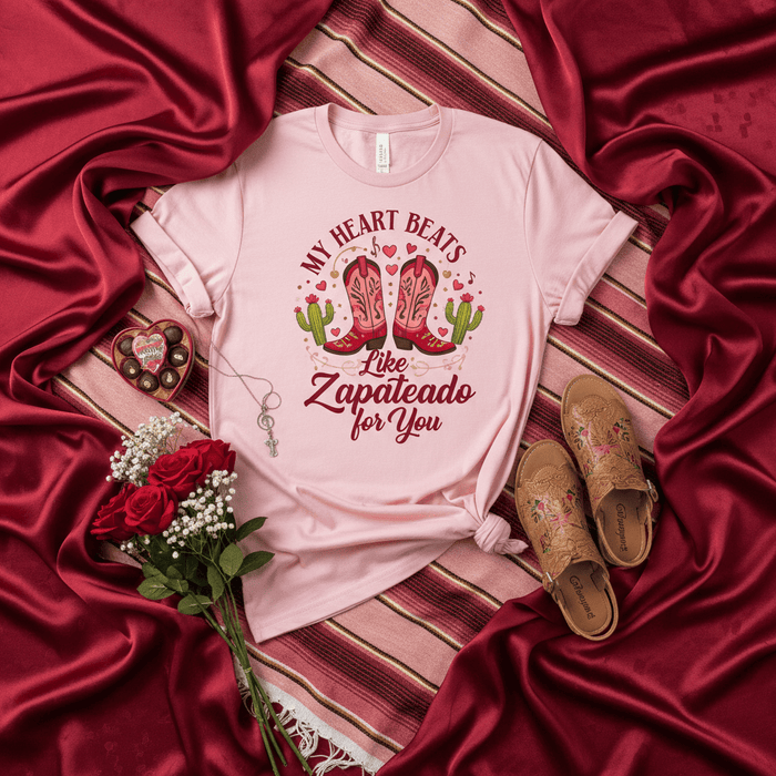 My Heart Beats Like Zapateado For You T-Shirt, Pink Valentine's Day Western Tee, Country Dance Cowgirl Boots Shirt, Mexican Fiesta Love Gift, Unisex Graphic Top Mexicada