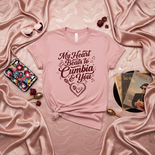 My Heart Beats to Cumbia & You T-Shirt, Cumbia Dance Lover Gift Tee, Musical Instrument Maracas Shirt, Valentine's Day or Anniversary Present, Latin Music Apparel, Short Sleeve Unisex Top Mexicada