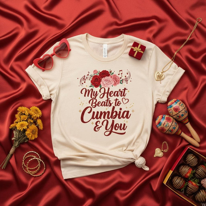 My Heart Beats to Cumbia & You T-Shirt, Romantic Cumbia Dance Music Tee with Roses and Notes, Latin Music Lover Shirt, Valentine's Day Gift for Cumbiero Partner Mexicada