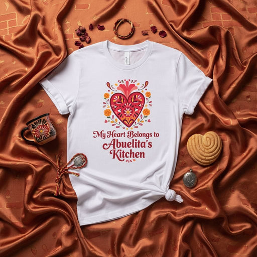 My Heart Belongs to Abuelita's Kitchen T-Shirt | Spanish Grandma Cooking Gift, Mexican Folk Art Heart Shirt, Latina Family Love Tee, Dia De Muertos Inspired, Unisex Graphic Apparel Mexicada
