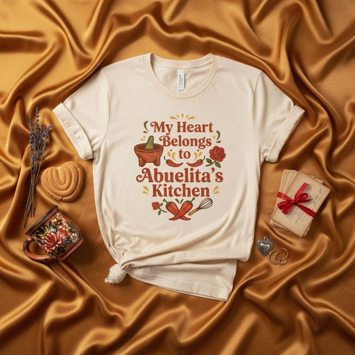 My Heart Belongs to Abuelita's Kitchen T-Shirt, Spanish Grandmother Cooking Shirt, Latina Food Lover Tee, Molcajete and Chili Peppers Graphic Shirt, Mexican Heritage Gift for Abuela or Granddaughter Mexicada