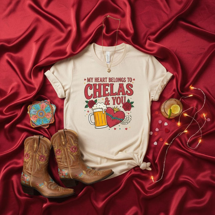 My Heart Belongs To Chelas & You T-Shirt, Funny Valentine's Day Beer Shirt, Cute Mexican Fiesta Love Tee, Cowboys Boots Western Graphic Shirt, Unisex Gift for Him Her, Drinking Couples Shirt Mexicada