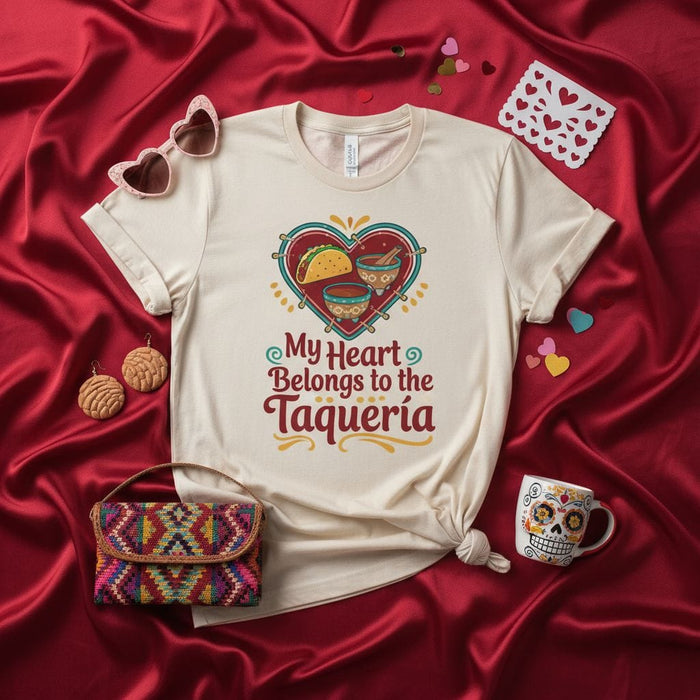 My Heart Belongs to the Taquería T-Shirt, Food Lover Gift, Taco Heart Design Tee, Unisex Mexican Food Shirt, Taqueria Graphic Apparel, Cute Eating Out Top Mexicada