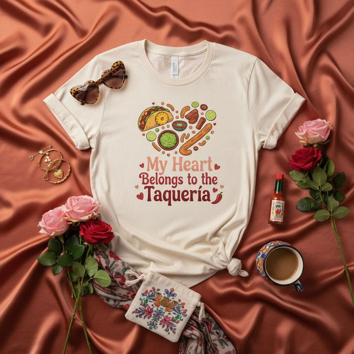 My Heart Belongs to the Taquería T-Shirt, Funny Taco Mexican Food Lover Tee, Cinco de Mayo Outfit, Foodie Gift, Heart Shaped Taqueria Graphics Shirt, Unisex T-shirt Design for Men and Women Mexicada