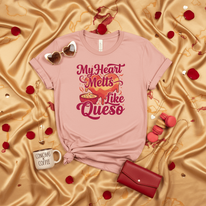 My Heart Melts Like Queso T-Shirt, Cute Valentine's Day Foodie Shirt, Funny Spanish and English Tee, Conchas Coffee Mug, Queso Dip Heart Design, Pink Unisex Shirt, Gift for Her, Him, or Them Mexicada