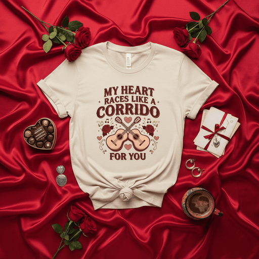 My Heart Races Like A Corrido For You Shirt, Romantic Corridos T-Shirt, Mexican Valentine's Day Tee, Cute Guitar Music Lover Gift, Unisex Aesthetic Graphic Tee for Her or Him Mexicada
