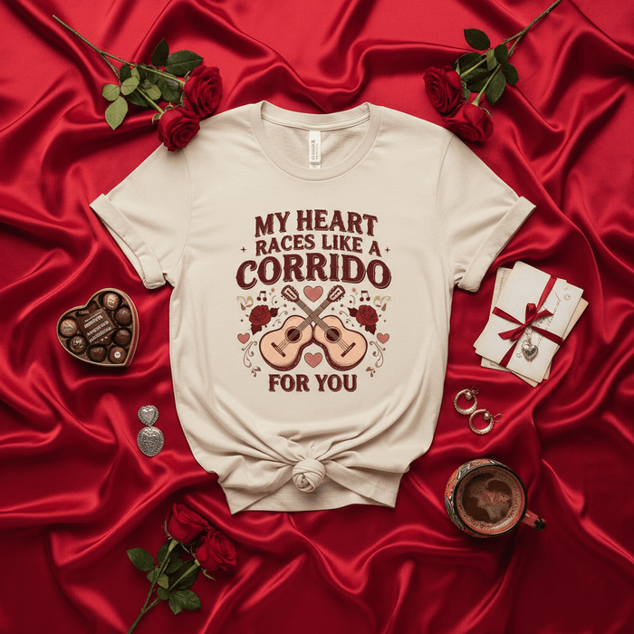 My Heart Races Like A Corrido For You Shirt, Romantic Corridos T-Shirt, Mexican Valentine's Day Tee, Cute Guitar Music Lover Gift, Unisex Aesthetic Graphic Tee for Her or Him Mexicada
