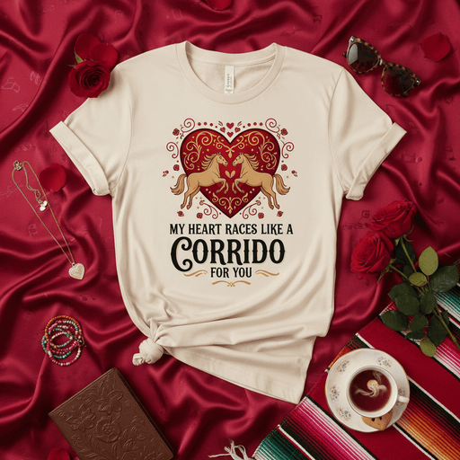 My Heart Races Like A Corrido For You Shirt, Romantic Horse Lover T-Shirt, Equestrian Valentine's Day Tee, Mexican Music Inspired Top, Unisex Gift for Him or Her. Mexicada