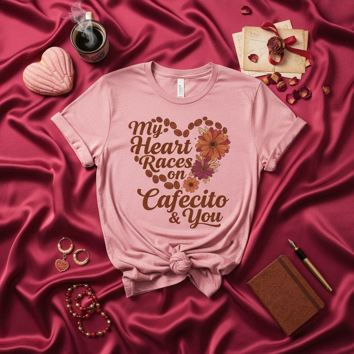 My Heart Races On Cafecito & You Coffee Lover Shirt, Latinx Latina Tee, Unisex Gift for Valentine's Day or Anniversary, Floral Heart Design T-Shirt Mexicada