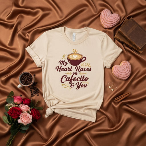 My Heart Races on Cafecito & You T-Shirt, Coffee Lover Gift, Unisex Valentine's Day Tee, Cute Latina Espresso Shirt, Hispanic Heritage Apparel for Men and Women, Brown and Cream Graphic Design Top Mexicada