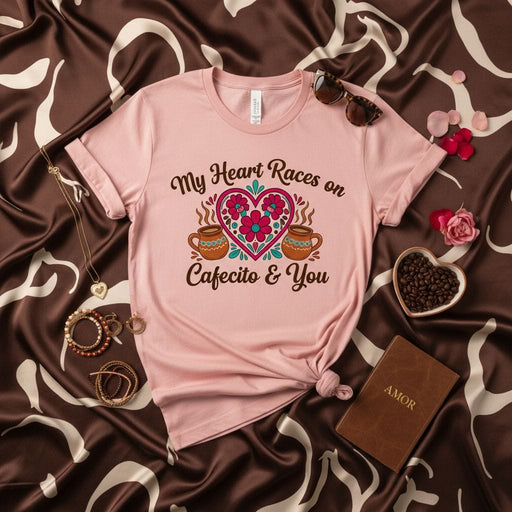 My Heart Races on Cafecito & You T-Shirt, Cute Floral Heart Design, Latina Coffee Lover Gift, Mexican Heritage Apparel, Funny Cafecito Quote Tee, Unisex Graphic Shirt for Women & Men Mexicada