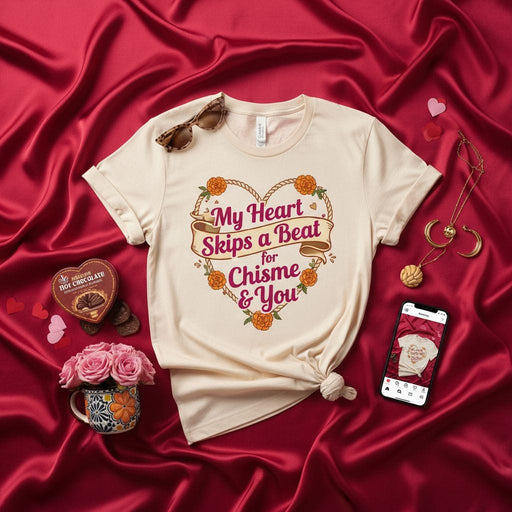 My Heart Skips a Beat for Chisme & You T-Shirt, Unisex Valentine's Day Shirt, Funny Chismosa Quote Tee, Cute Latina Gift, Marigold Heart Design Top, Spanish English Phrase Apparel Mexicada