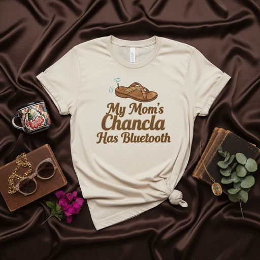My Mom's Chancla Has Bluetooth Funny T-Shirt, Latina Mom Gift, Hispanic Culture Joke Tee, Spanish Humor Graphic Shirt, Best Mother's Day Gift for Mom from Son Daughter, Unisex Adult Softstyle Short Sleeve Top Mexicada