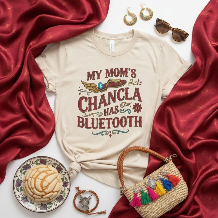 My Mom's Chancla Has Bluetooth Shirt, Funny Hispanic Mom T-Shirt, La Chancla Joke Tee, Mexican Culture Gift, Latina Mom Humor, Unisex Softstyle Tee for Men and Women, Beige Shirt with Retro Print Design Mexicada