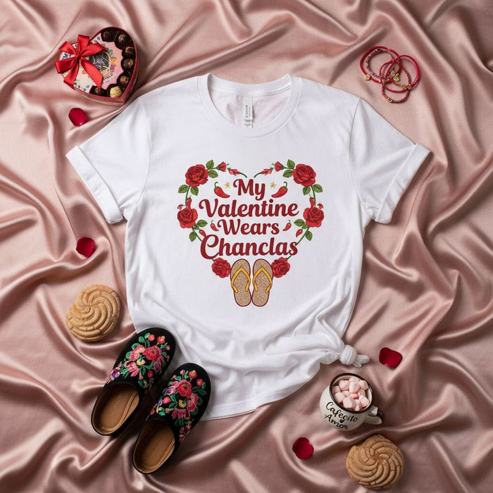 My Valentine Wears Chanclas T-Shirt, Funny Valentine's Day Gift for Latinx, Hispanic Culture Shirt, Roses Heart Design Tee, Spanglish Lovers Apparel Mexicada