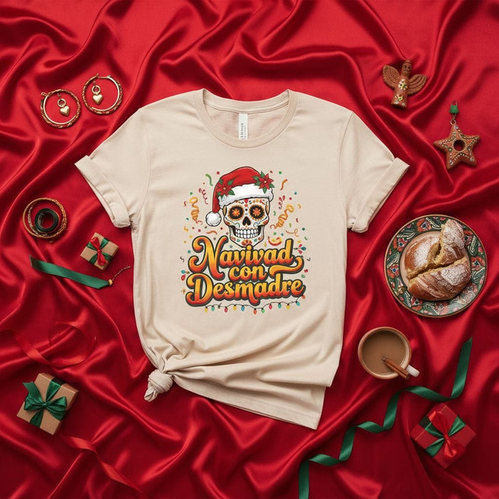 Navidad con Desmadre Christmas T-Shirt, Funny Mexican Day of the Dead Sugar Skull Santa Hat Tee, Holiday Fiesta Party Shirt, Calavera Navideña, Spanish Christmas Gift, Unisex Shirt Mexicada