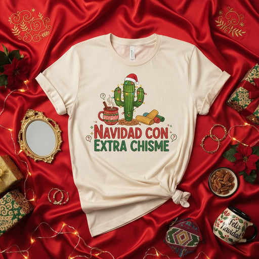 Navidad Con Extra Chisme Shirt, Funny Latina Christmas Cactus Tamales Cocoa T-Shirt, Spanish Holiday Fiesta Gift for Women Men, Cute Chistmas Tee Mexicada