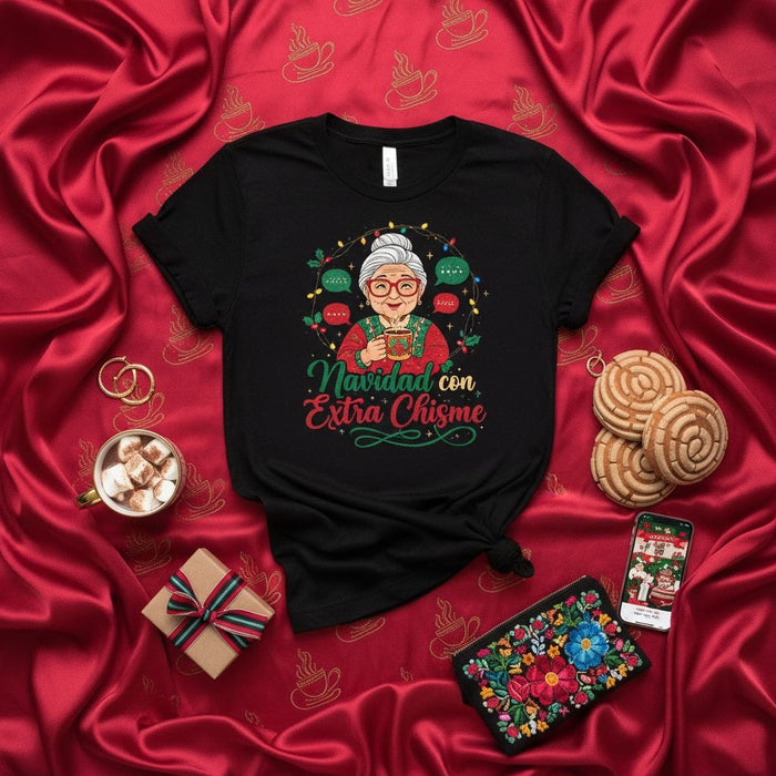 Navidad con Extra Chisme T-Shirt, Funny Hispanic Christmas Grandma Shirt, Abuela Holiday Tee, Spanish Speaking Gift, Mexican Family Xmas Party Top Mexicada