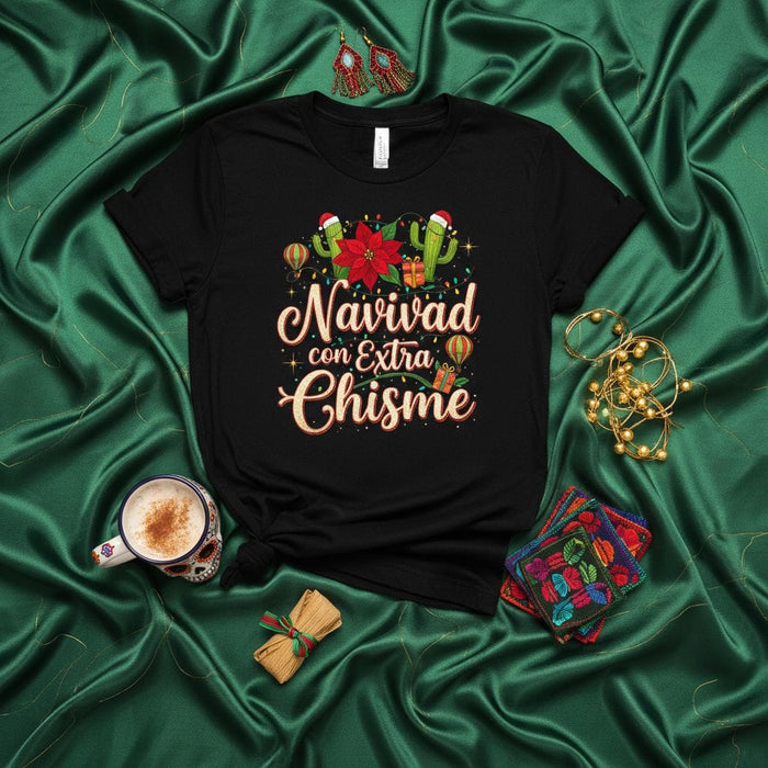 Navidad con Extra Chisme T-Shirt | Funny Latinx Christmas Cactus Poinsettia Tee | Spanish Holiday Gift for Tamale Lovers | Unisex Black Graphic Shirt Mexicada