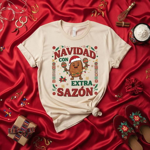Navidad Con Extra Sazón Shirt, Funny Latin Christmas Shirt, Puerto Rican Barrel with Maracas and Santa Hat, Hispanic Holiday Celebration Tee, Festive Family Party Gift Mexicada