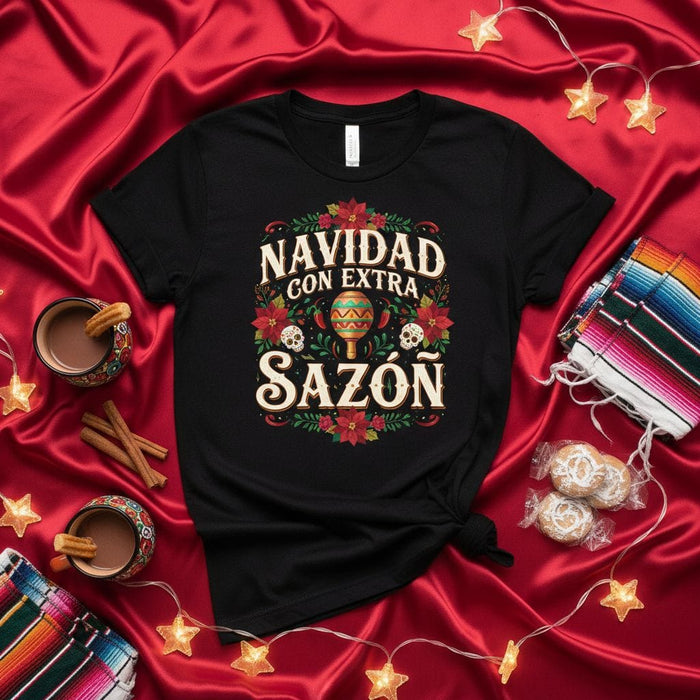 Navidad Con Extra Sazón Shirt, Funny Latin Christmas T-Shirt, Poinsettia Skull Maraca Holiday Fiesta Tee, Cute Spanish Spanglish Xmas Gift for Him Her, Unisex Short Sleeve Top Mexicada