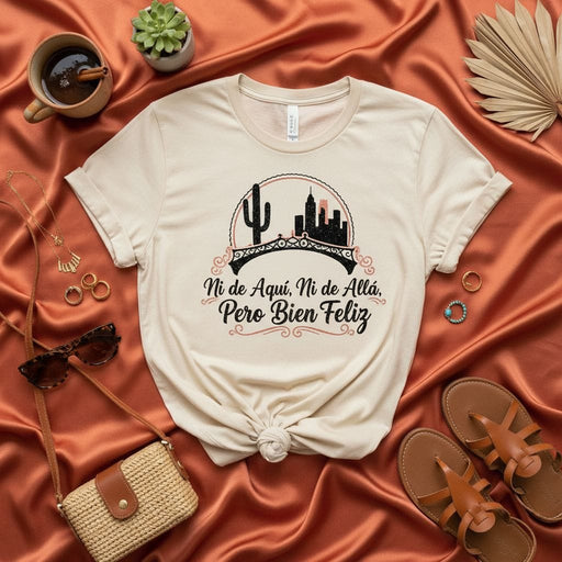 Ni de Aquí Ni de Allá Pero Bien Feliz T-Shirt, Spanglish Phrase Tee, Cactus and City Skyline Bridge Graphic Shirt, Latina Latine Latinx Immigrant Bicultural Identity Gift Mexicada