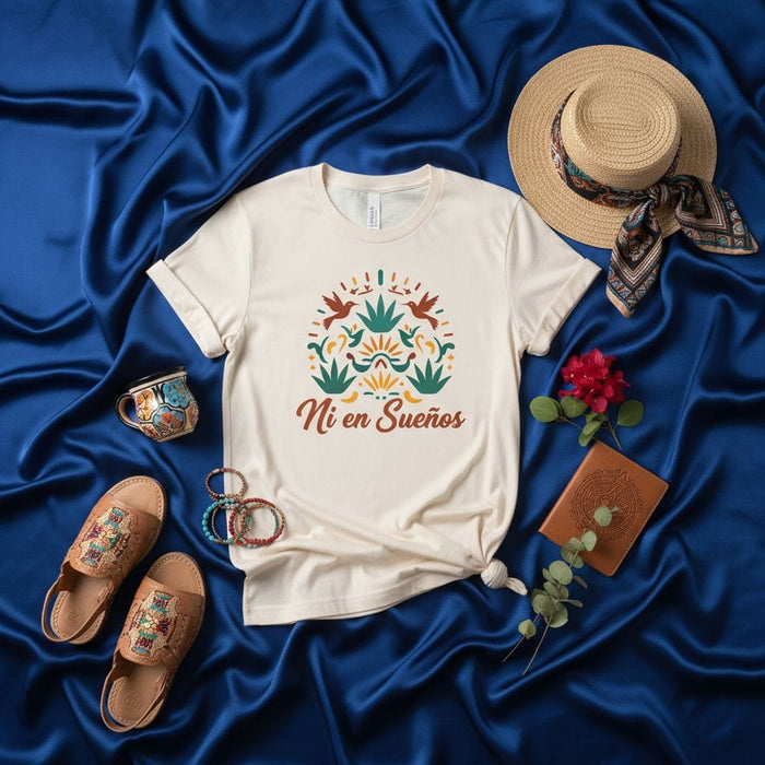 Ni en Sueños Folkloric Hummingbird T-Shirt, Mexican Fiesta Tee, Vibrant Boho Floral Design, Unisex Shirt, Spanish Phrase Top, Cultural Gift Idea, Latina Apparel Mexicada
