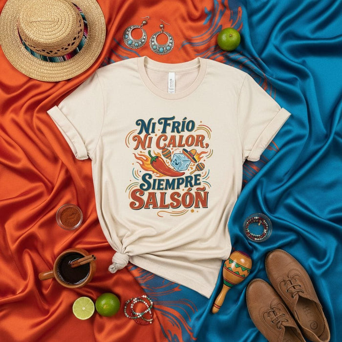 Ni Frío Ni Calor, Siempre Salsón T-Shirt, Unisex Graphic Tee for Salsa Music Lovers, Latin Culture Shirt with Chili Pepper and Ice Cube Design, Funny Spanish Phrase T-Shirt Mexicada