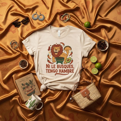 Ni Le Busques, Tengo Hambre T-Shirt with Lion, Taco, Avocado, and Chili Peppers, Funny Spanish Foodie Graphic Tee, Unisex Hunger Shirt Mexicada