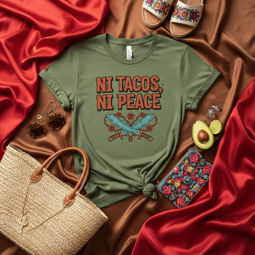 Ni Tacos Ni Peace Shirt, Funny Taco Lover Gift, Mexican Food Tee, Two Swords and Roses Graphic, Olive Green Unisex T-Shirt, Foodie Humor Apparel Mexicada