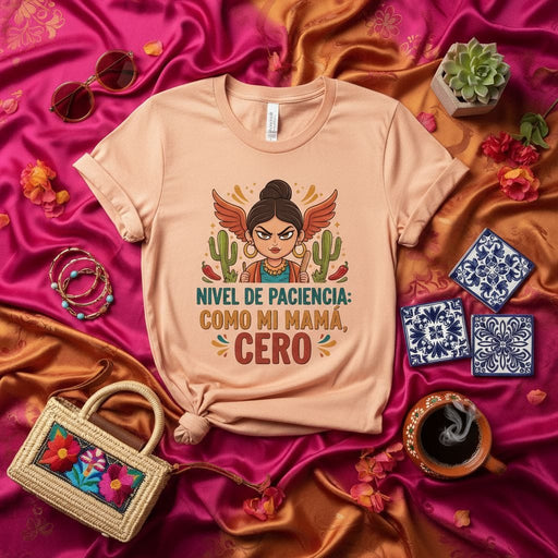 Nivel de Paciencia: Como Mi Mamá, Cero - Funny Latina Mom T-Shirt, Sarcastic Spanish Quote Tee with Cartoon Woman, Zero Patience Gift for Mother's Day, Mexican Heritage Clothing Mexicada