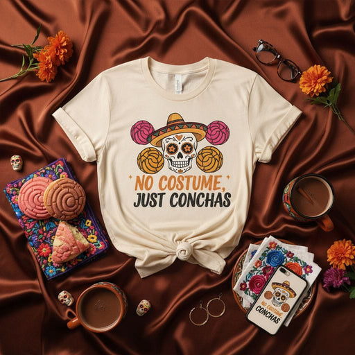 No Costume Just Conchas Shirt, Funny Halloween Day of the Dead Sugar Skull Sombrero T-Shirt, Mexican Pan Dulce Concha Lover Gift Tee, Unisex Graphic T-shirt for Men Women Mexicada