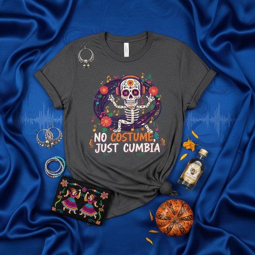 No Costume Just Cumbia Day of the Dead Skeleton T-Shirt with Headphones, Calavera Sugar Skull Dancing Tee, Halloween Party Music Lover Shirt, Dia de Muertos Gift Idea, Unisex Graphic Top Mexicada
