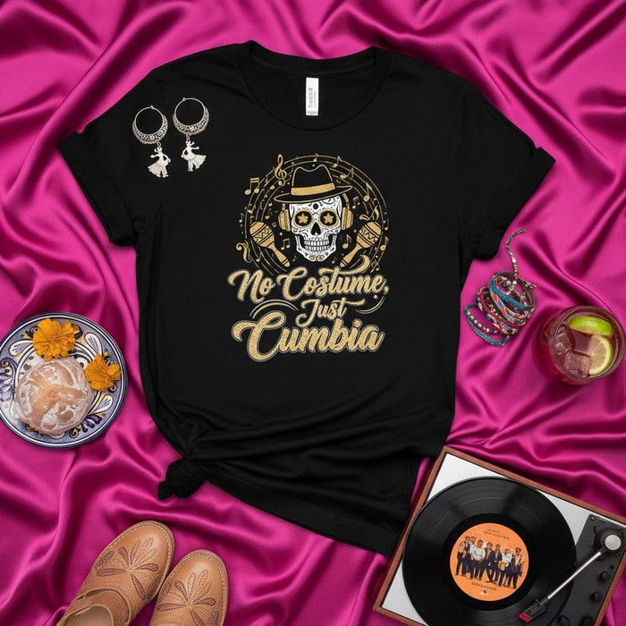 No Costume Just Cumbia Sugar Skull DJ Musician Music Lover Unisex T-Shirt, Día de Muertos Halloween Party Dancing Tee Gift Idea, Latin Colombian Rhythm and Dance Apparel Mexicada